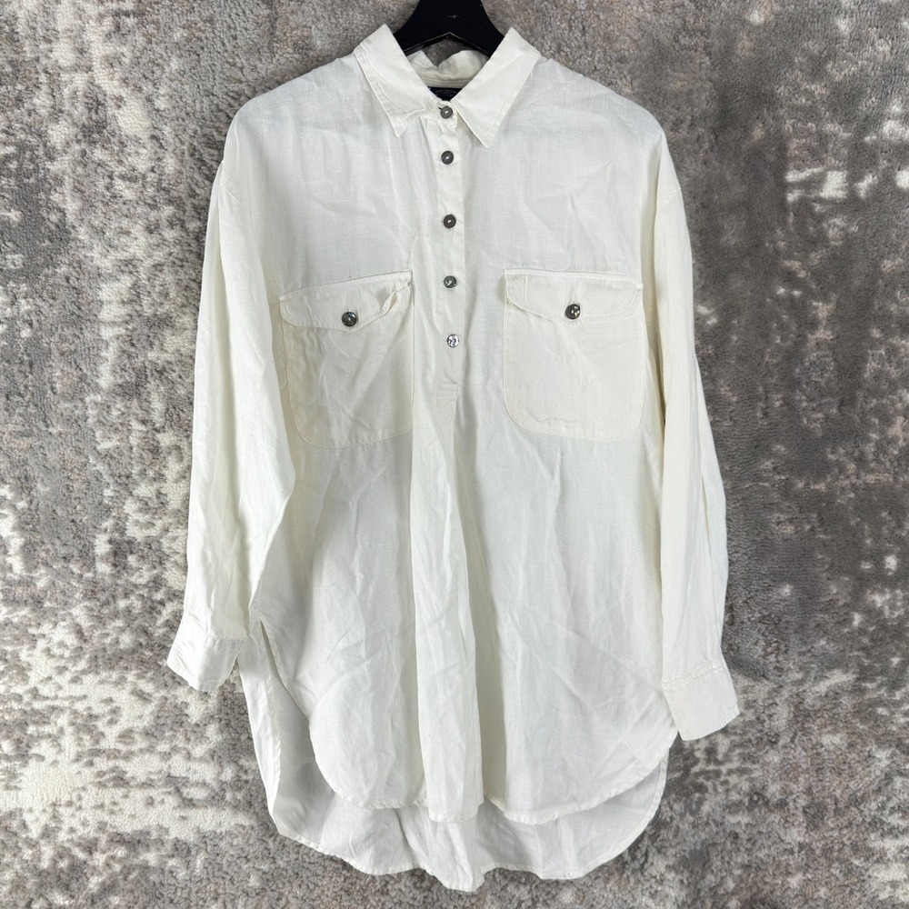 Kenneth Gordon Size 6 Linen Half Button Top Ivory Long Sleeve Casual